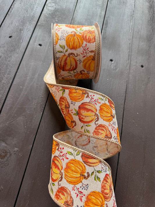 WIRED EDGE BURLAP GLITTER PUMPKIN RIBBON