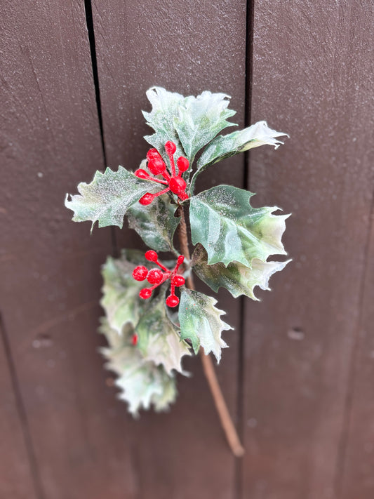 23cm GLITTERED HOLLY PICK WITH BERRIES VARIEGATED