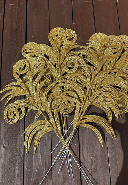 36cm GLITTERED PEACOCK LEAF SPRAY GOLD (12pcs)