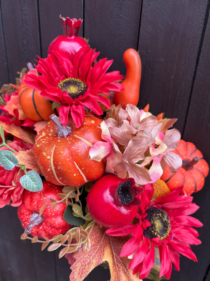 42cm LARGE PUMPKIN POMEGRANATE & SUNFLOWER MIXED BUSH ORANGE/RED