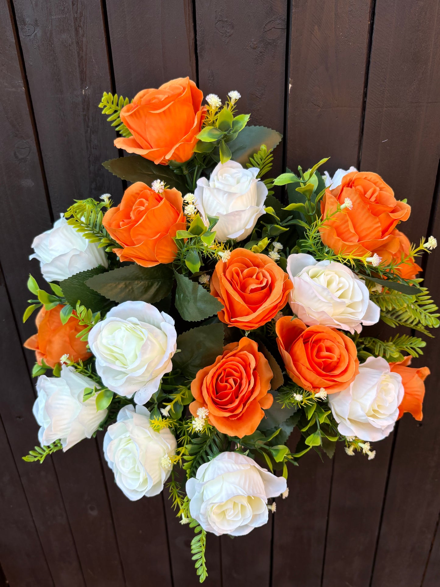 41cm 18 HEAD OPEN ROSE BUSH ORANGE/IVORY8