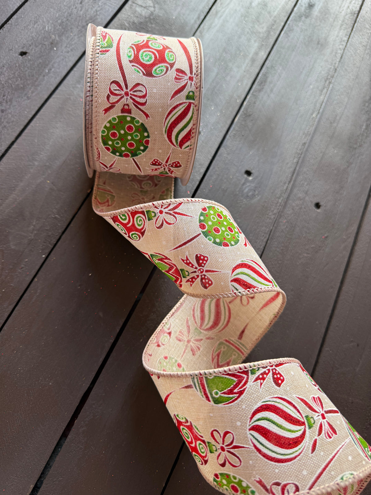 WIRED EDGE HESSIAN GLITTER BAUBLE RIBBON