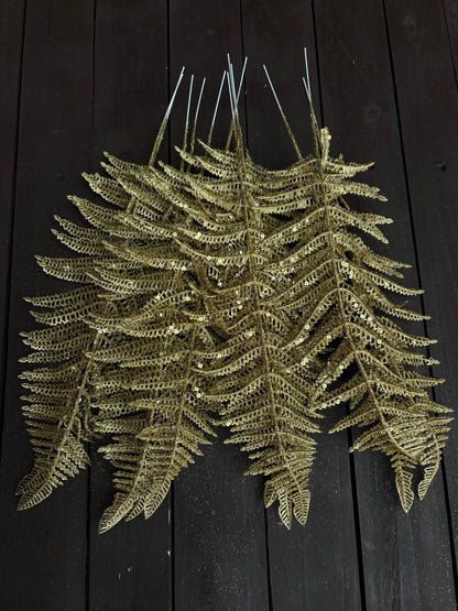 PACK 12 36cm GLITTERED FERN LEAF SPRAY GOLD
