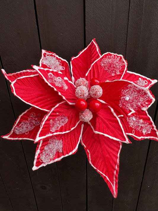 27cm FROSTED POINSETTIA RED/WHITE