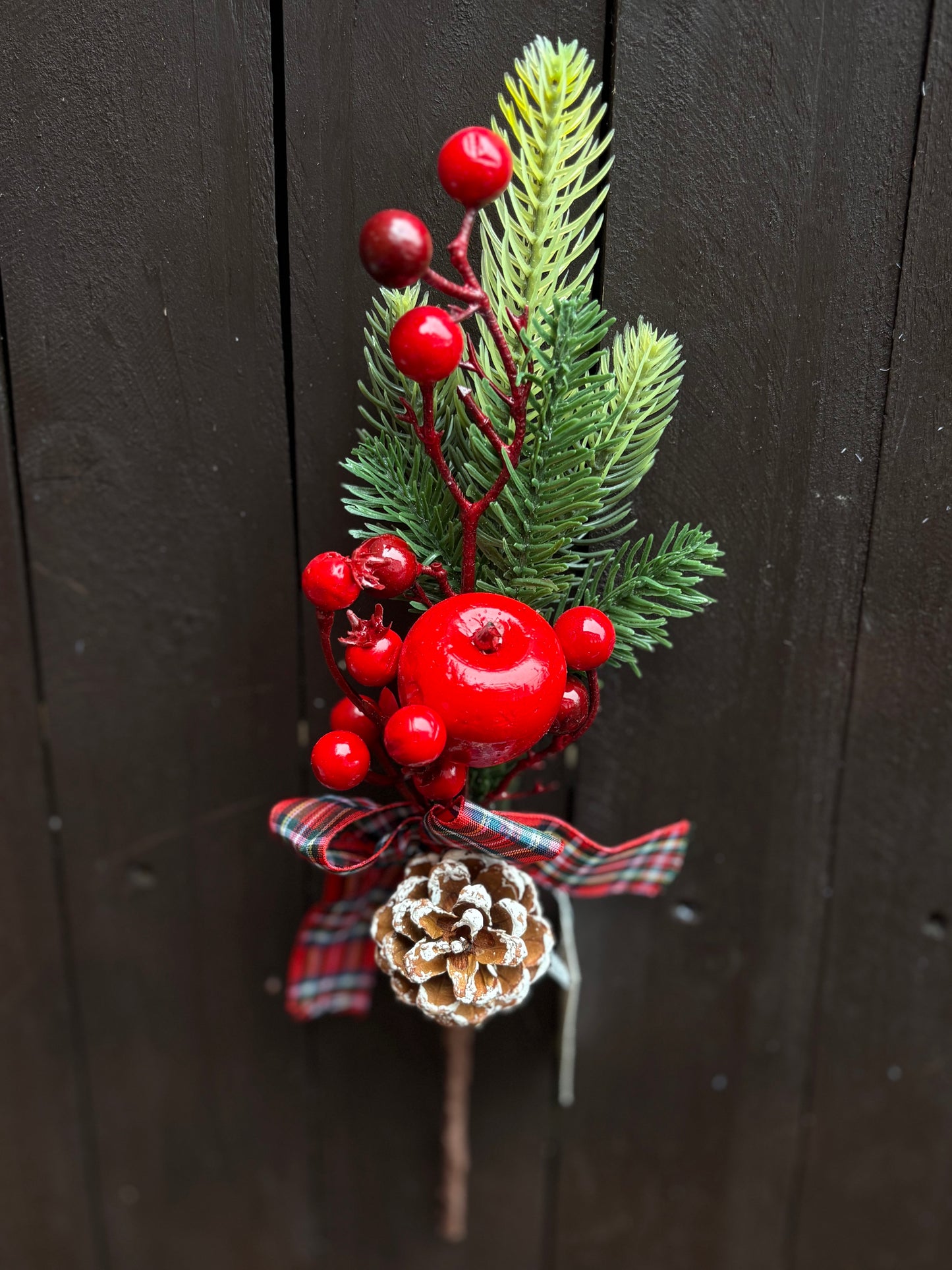 SPRUCE APPLE CONE PICK WITH RED/BLUE TARTEN RIBBON