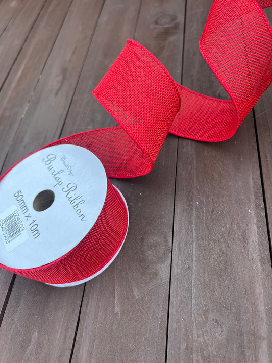 JUTE RIBBON WIRED EDGE 50mm x 10m RED