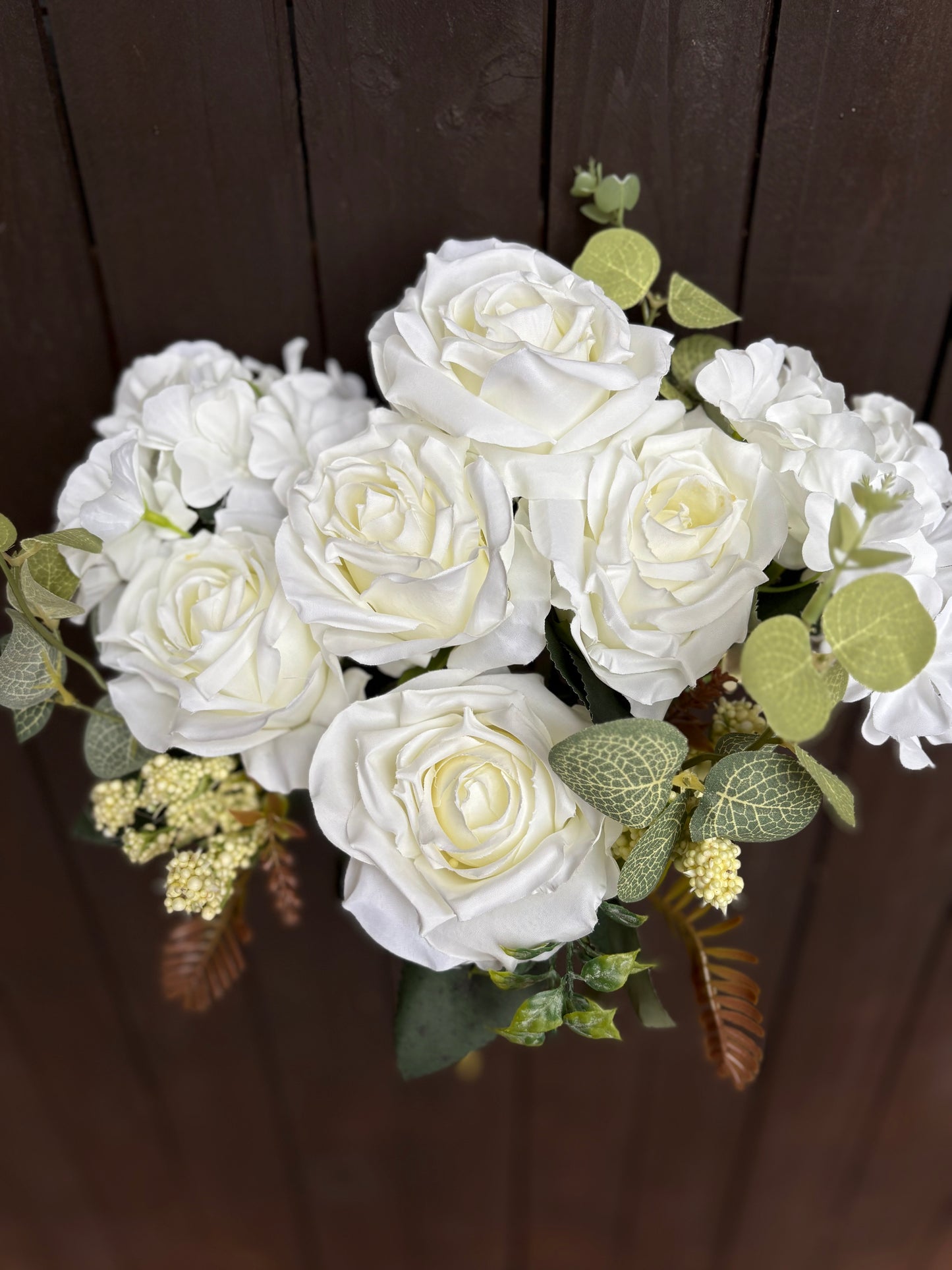 46cm ROSE HYDRANGEA & EUCALYPTUS MIXED BUSH IVORY