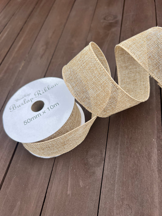 JUTE RIBBON WIRED EDGE 50mm x 10m NATURAL
