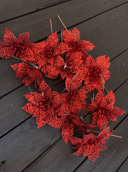 BAG 12cm FILIGREE POINSETTIA x 12pcs RED