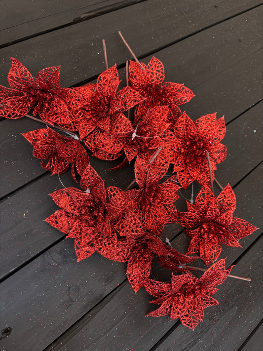 BAG 12cm FILIGREE POINSETTIA x 12pcs RED
