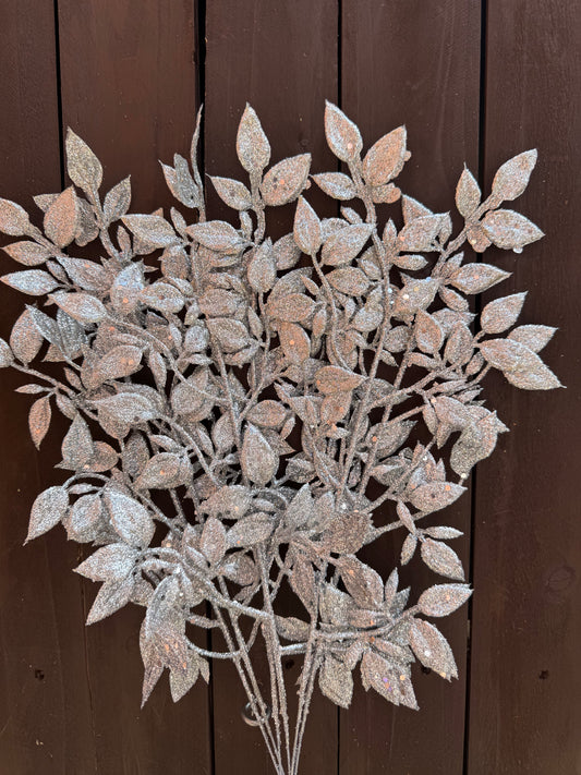 40cm GLITTERED MINI LEAF SPRAY SILVER X 6pcs