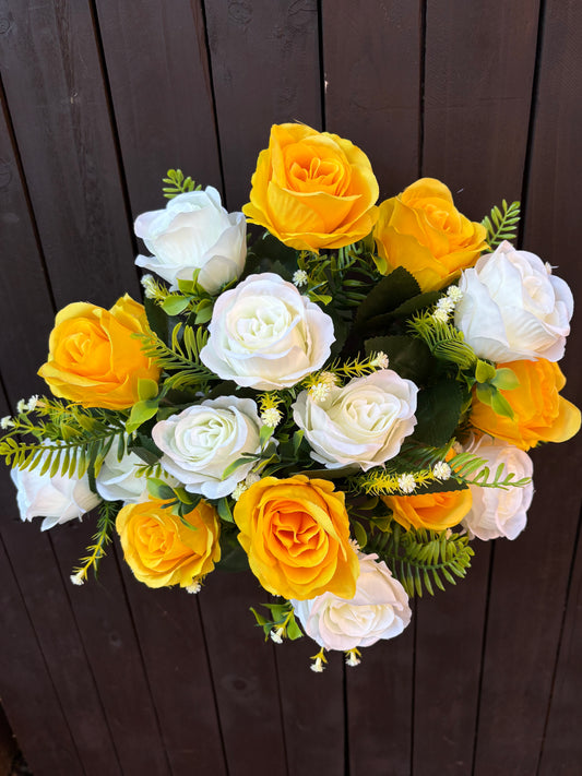 41cm 18 HEAD OPEN ROSE BUSH YELLOW/IVORY