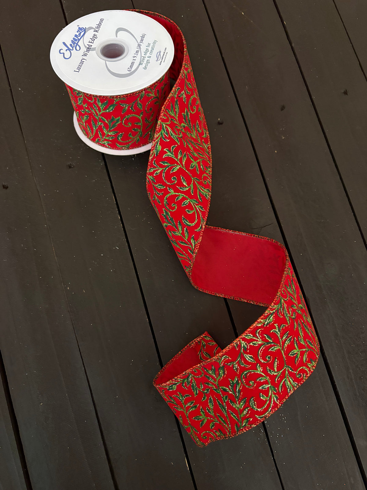 WIRED EDGE LUXURY VELVET SHIMMER LEAVES RIBBON RED/GREEN