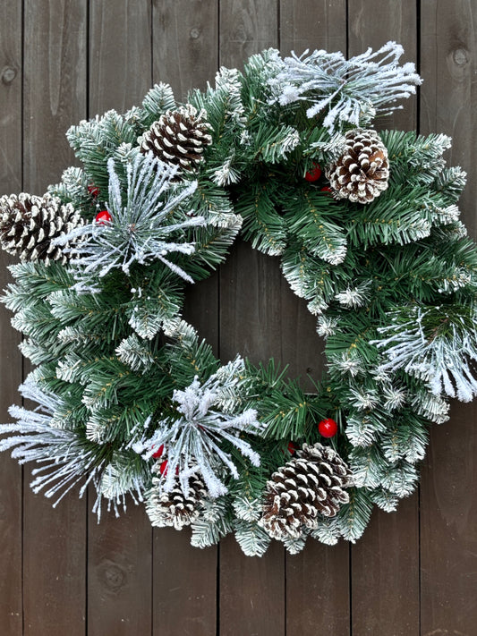 50cm SNOWY CHRISTMAS SPRUCE & PINE WREATH WITH CONE & BERRIES