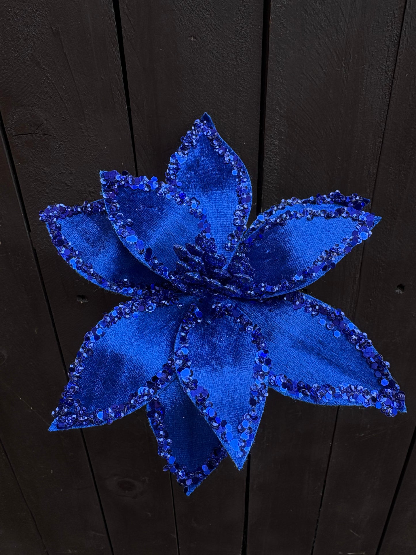 20cm DELUXE ROYAL BLUE SEQUIN EDGE POINSETTIA