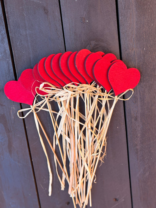 5cm WOODEN HEART PICK WITH RAFFIA x 12pcs