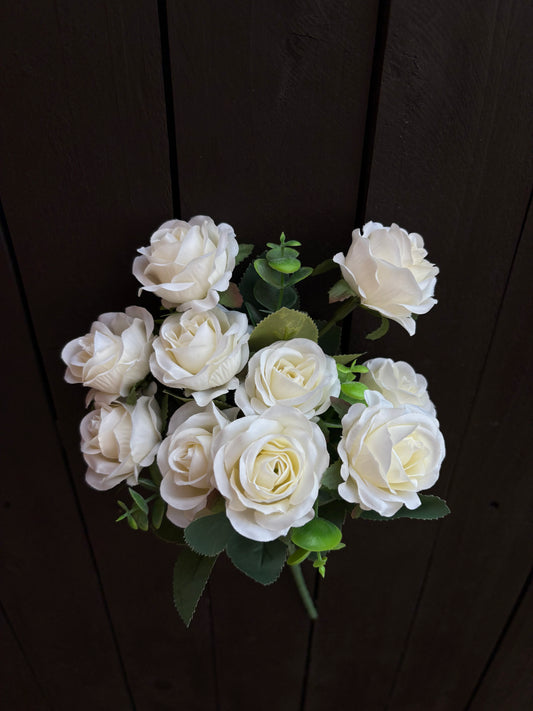 30cm MINI ROSE BUSH WITH EUCALYPTUS IVORY