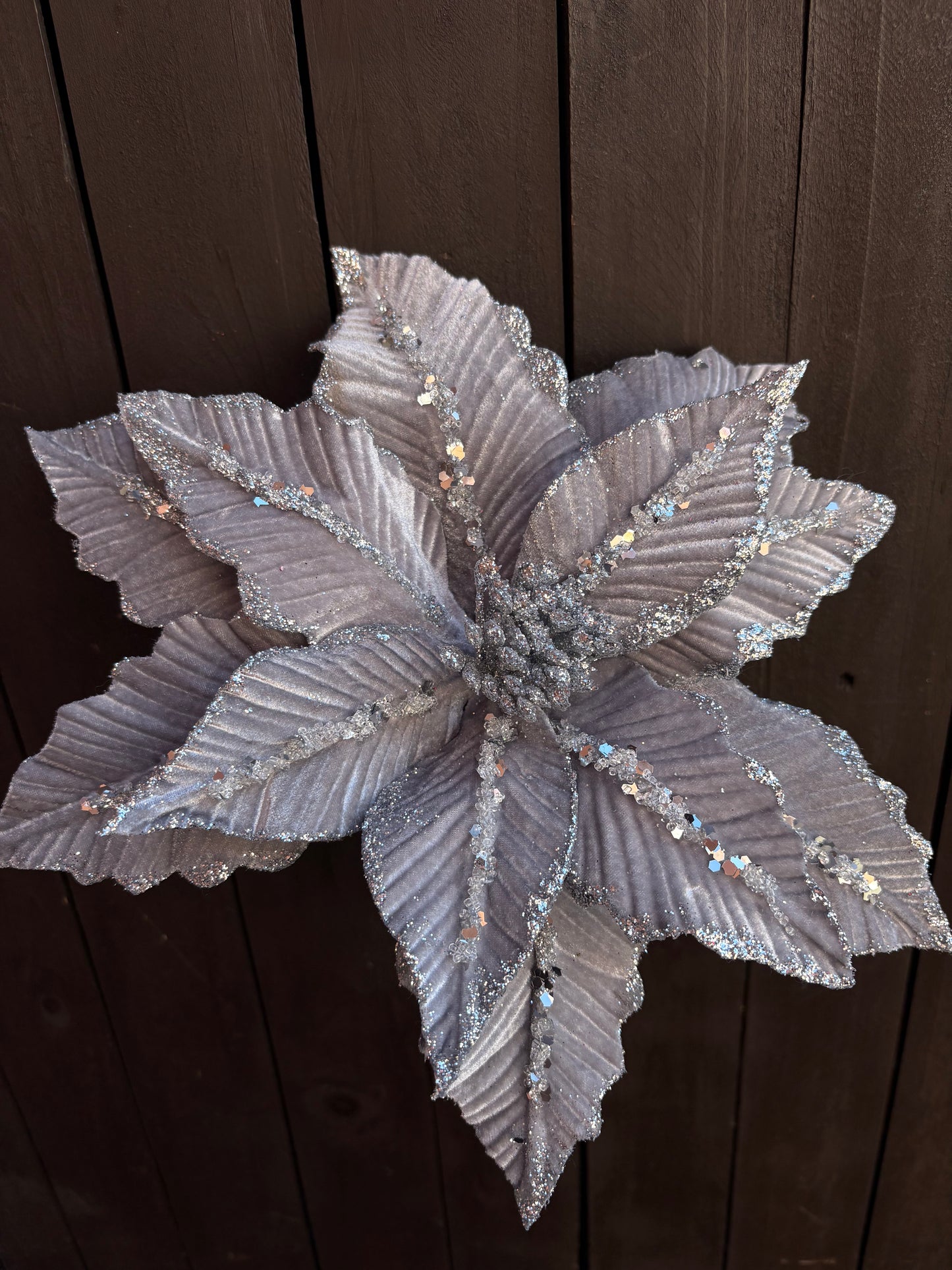 31cm DELUXE VELVET CRYSTAL POINSETTIA GREY/SILVER