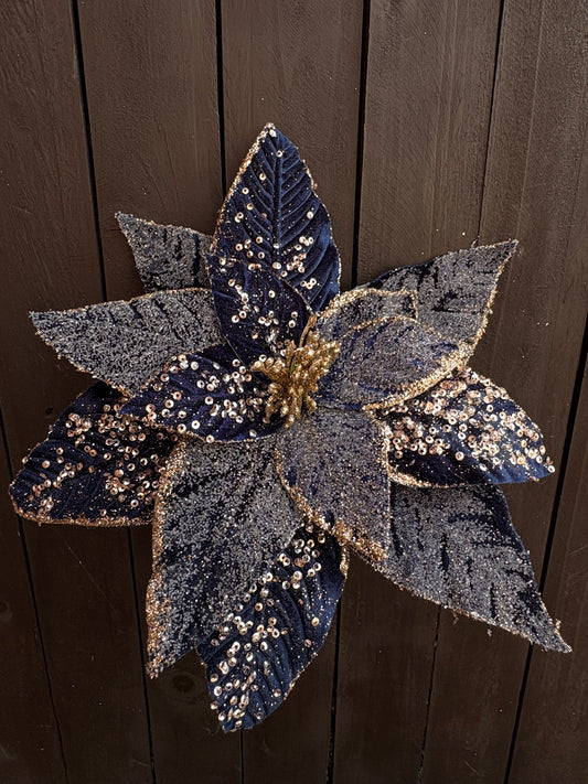 30cm FROSTED VELVET POINSETTIA NAVY