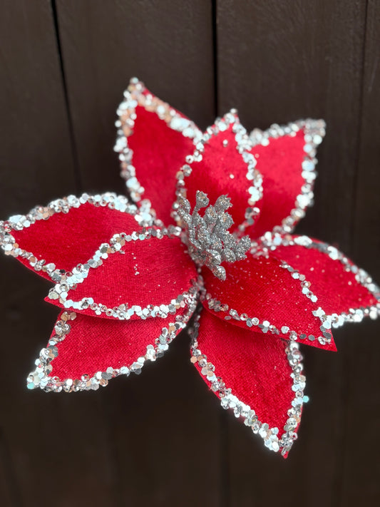 20cm DELUXE RED/SILVER SEQUIN EDGE POINSETTIA