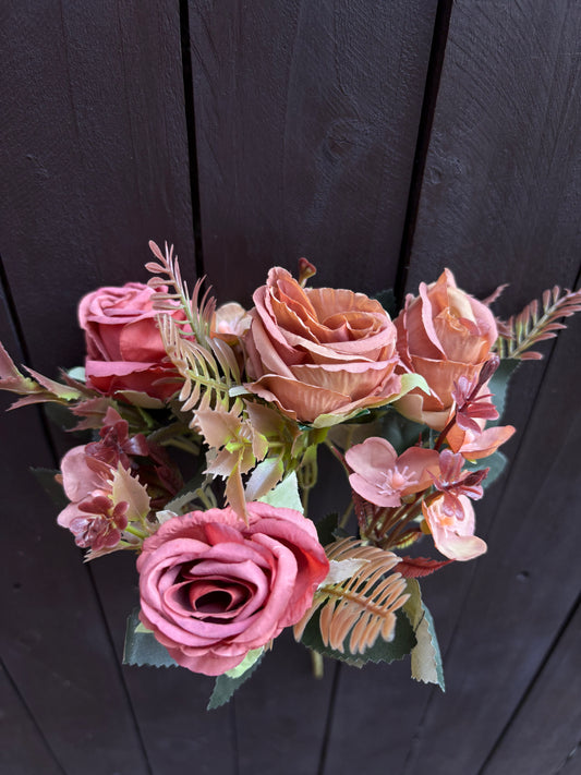 32cm AUTUMN ROSEBUD & HYDRANGEA BUSH BROWN