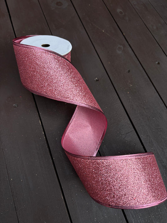 63mm GLITTERED PINK FABRIC WIRED EDGE RIBBON x 10yrds