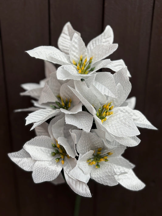32cm SILVER METALLIC SHIMMER POINSETTIA BUSH 7 HEADS