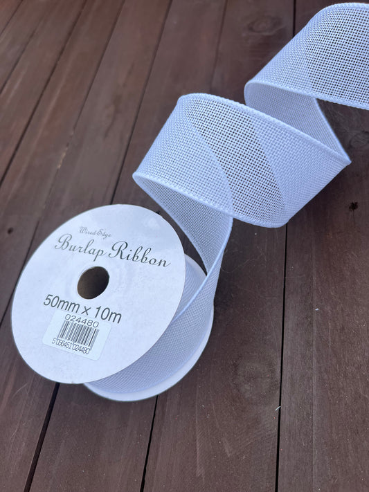 JUTE RIBBON WIRED EDGE 50mm x 10m WHITE