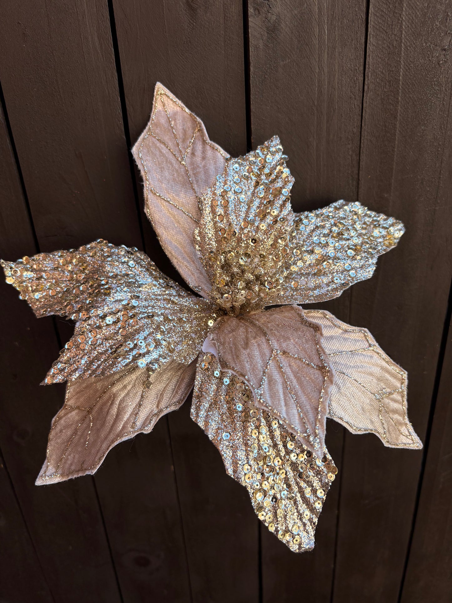 30cm DELUXE GLITTER SEQUIN POINSETTIA CHAMPAGNE