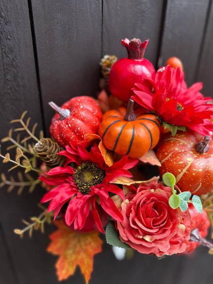 42cm LARGE PUMPKIN POMEGRANATE & SUNFLOWER MIXED BUSH ORANGE/RED