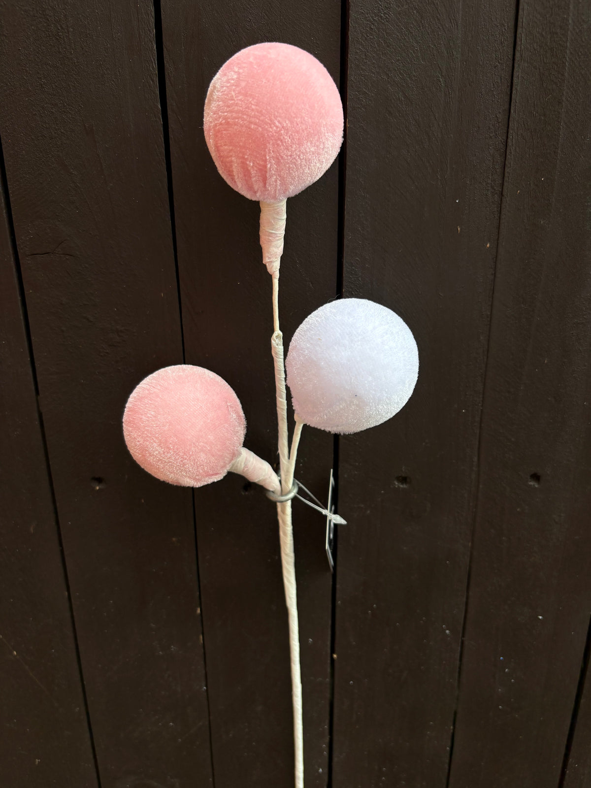 48cm 3 VELVET BALL STEM PINK/WHITE