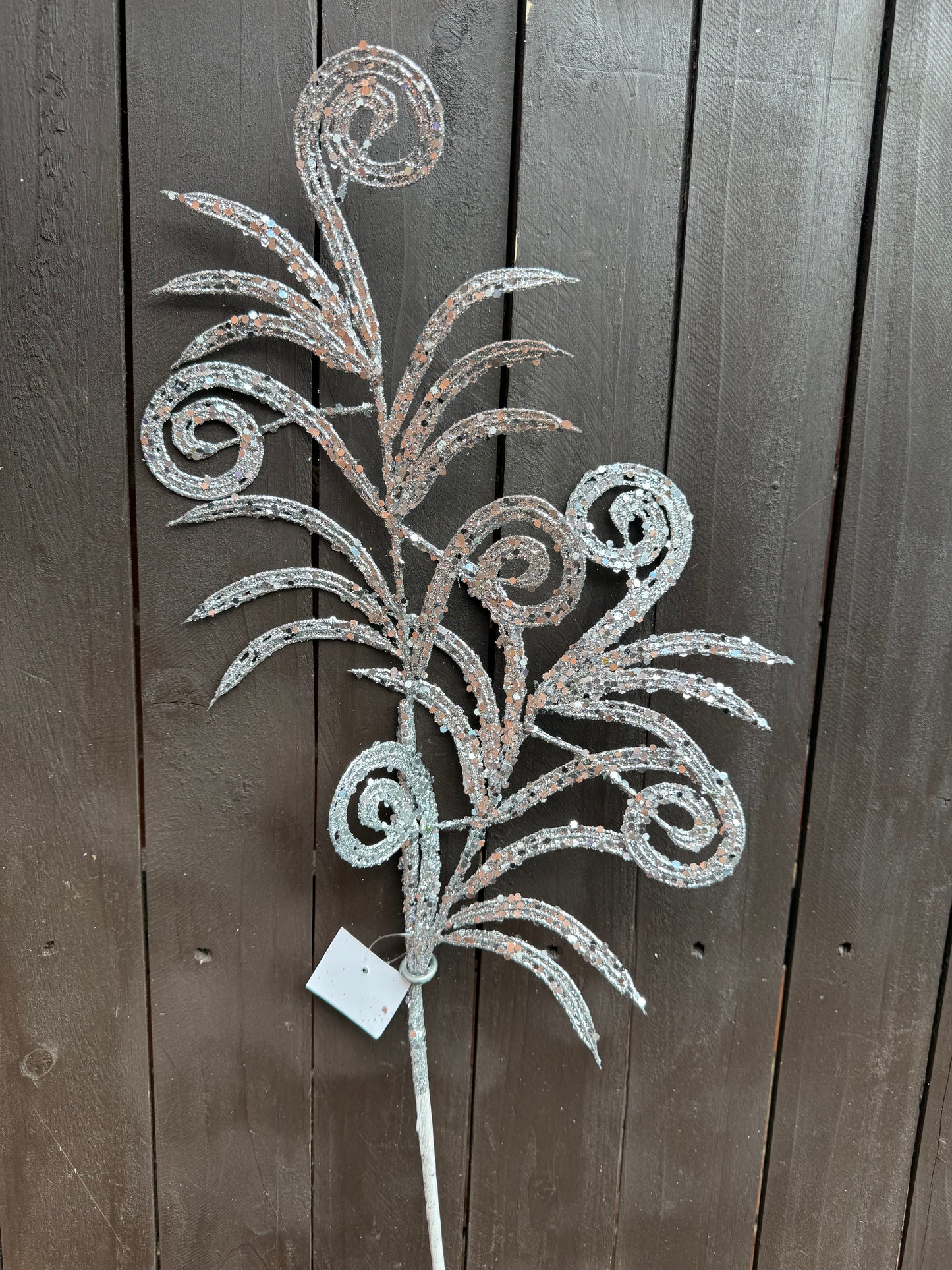 85cm GLITTERED DOUBLE PEACOCK SPRAY SILVER