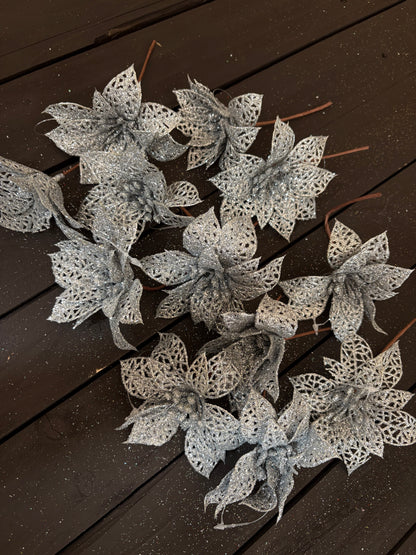 BAG 12cm FILIGREE POINSETTIA x 12pcs SILVER
