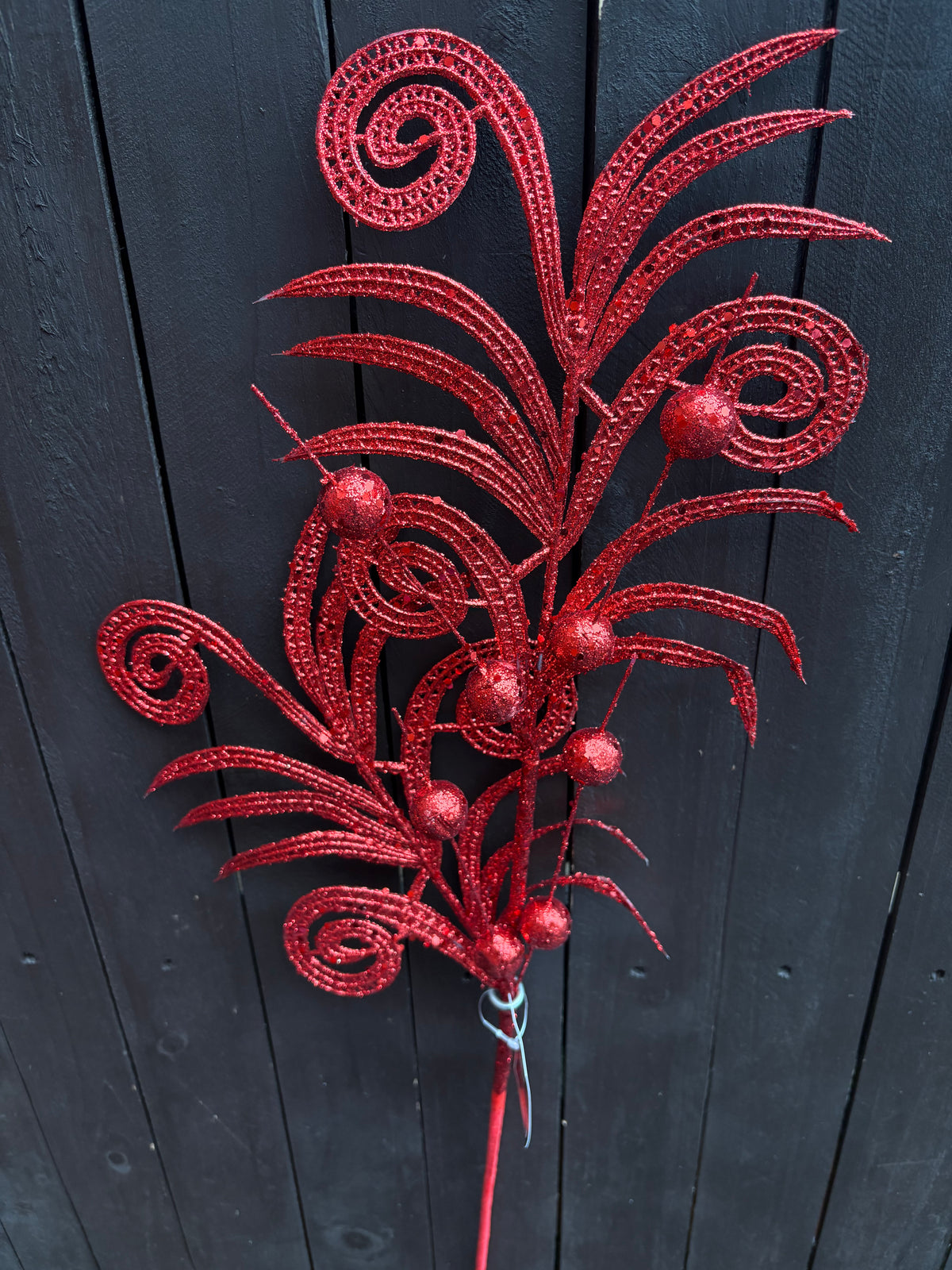 72cm GLITTER PEACOCK BERRY STEM RED
