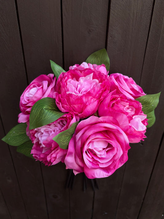 39CM LARGE ROSE & PEONY BUNDLE (7 HEADS) HOT PINK