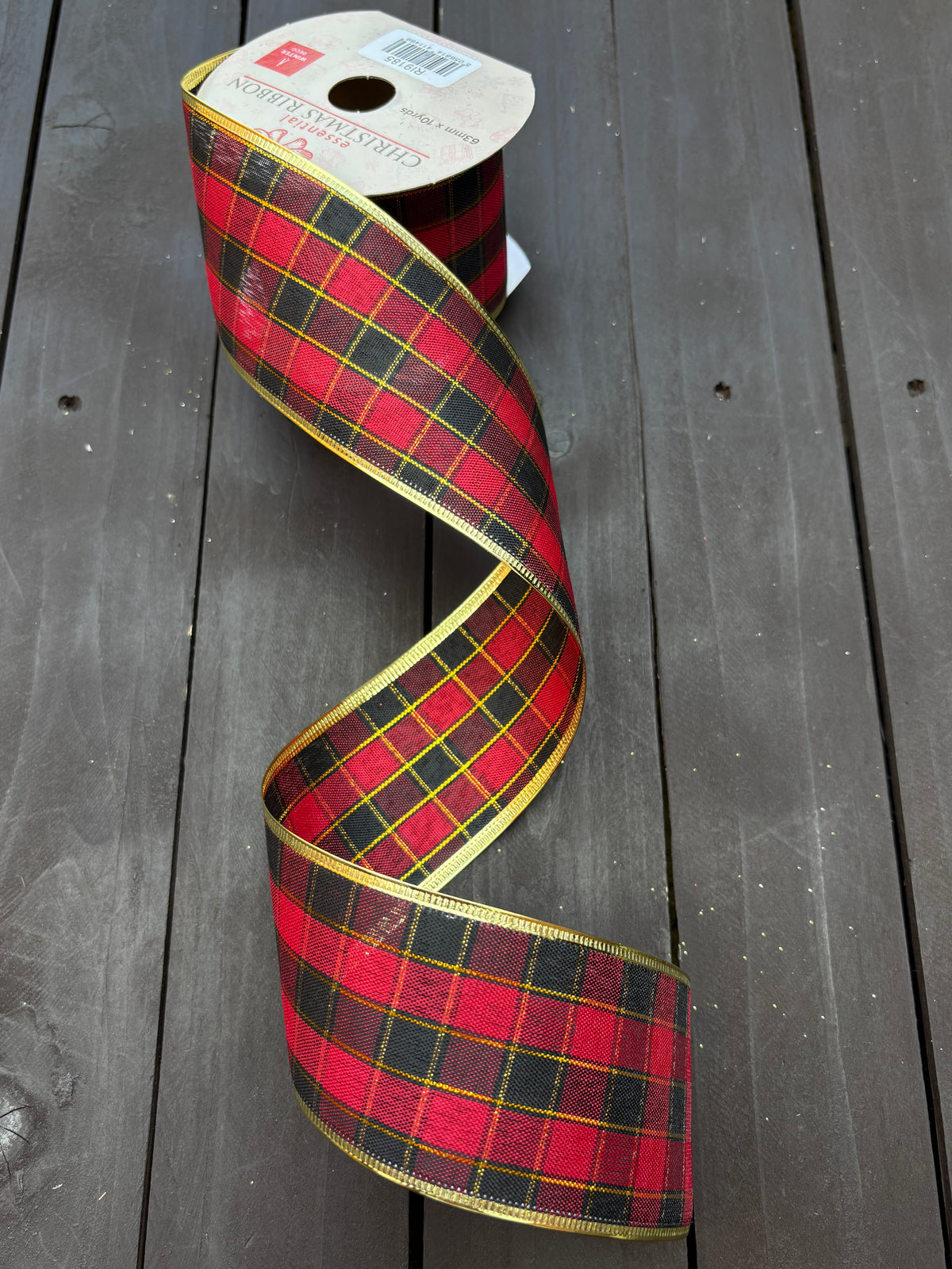 WIRED EDGE CHECK RIBBON RED/BLACK/GOLD
