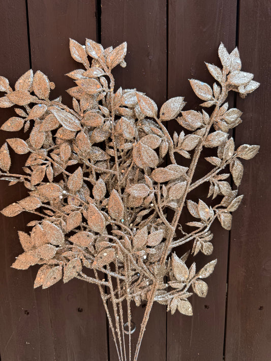 40cm GLITTERED MINI LEAF SPRAY ROSE GOLD X 6pcs