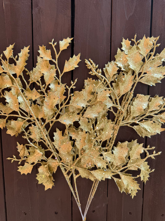 40cm GLITTERED HOLLY SPRAY GOLD x 6pcs