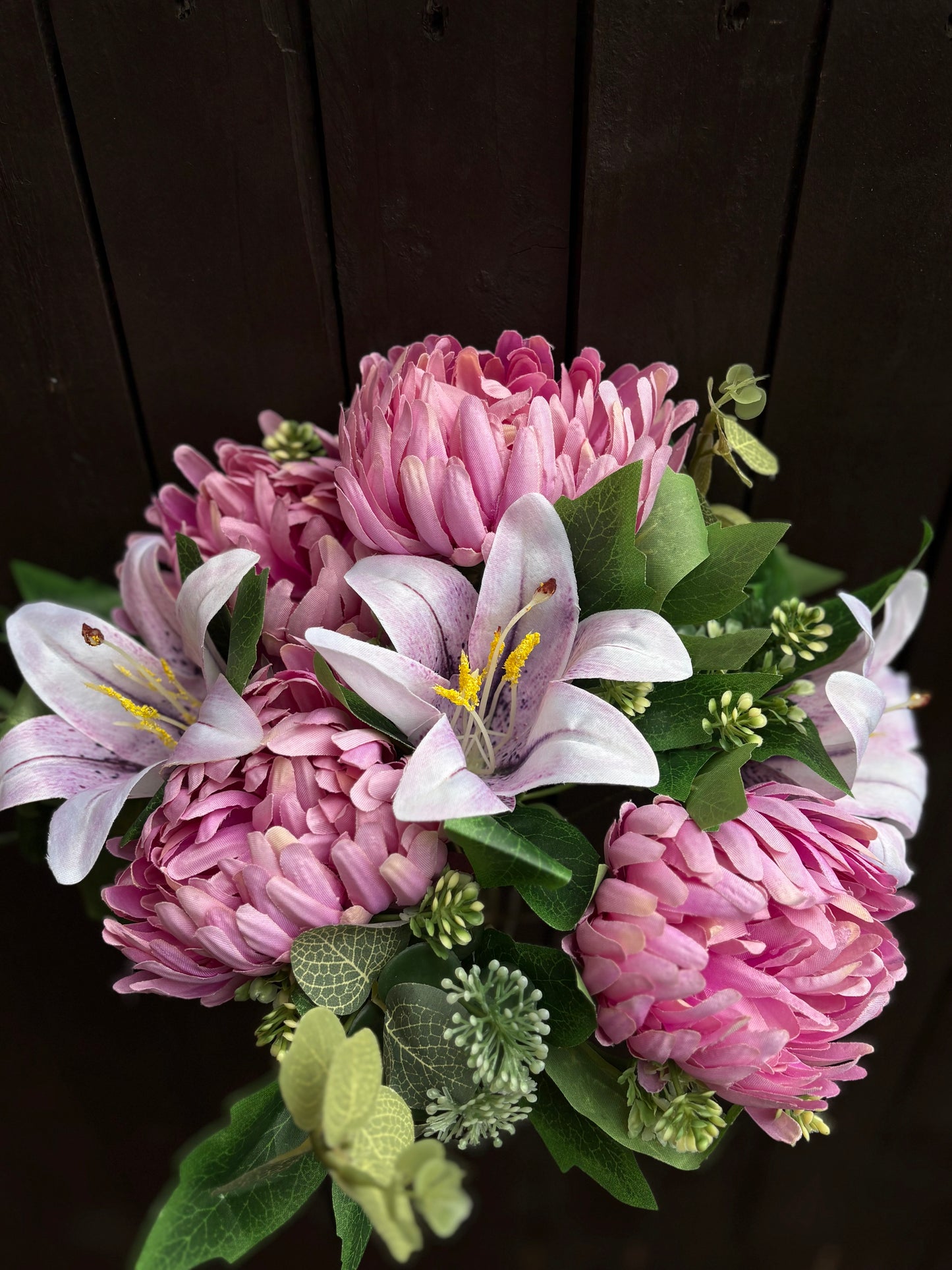 45cm LILY & BALL MUM BUSH WITH EUCALYPTUS MAUVE