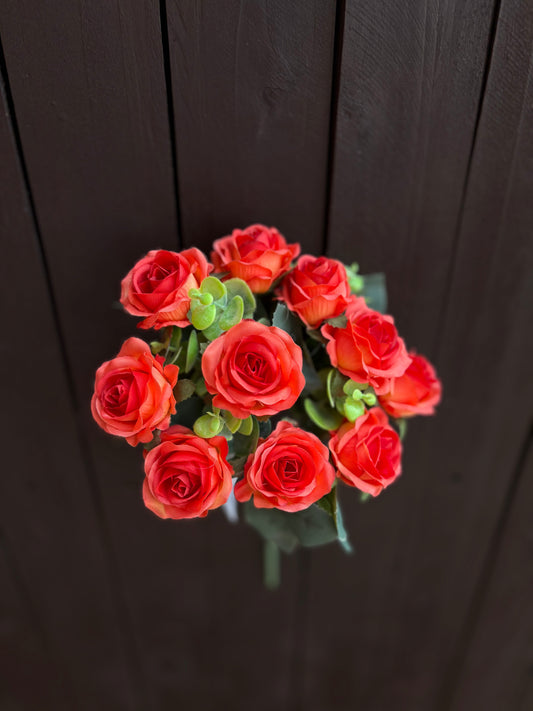 30cm MINI ROSE BUSH WITH EUCALYPTUS ORANGE