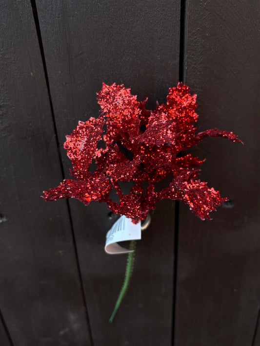 GLITTERED HOLLY CHRISTMAS PICK RED