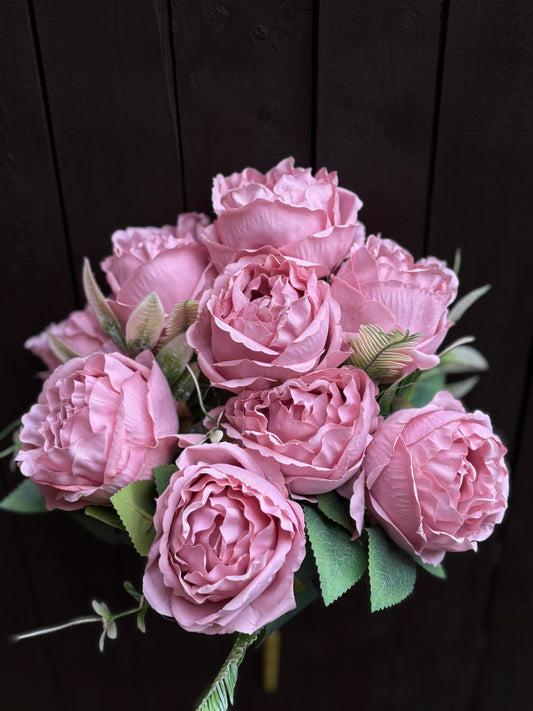 LARGE DOROTHY ROSE & WAX FOLIAGE BUNCH (9 HEADS) VINTAGE PINK