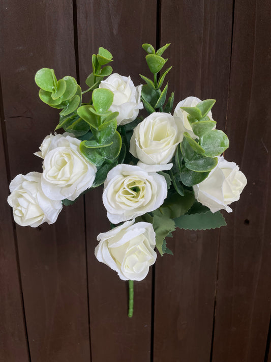 28cm ROSE & EUCALYPTUS BUSH IVORY
